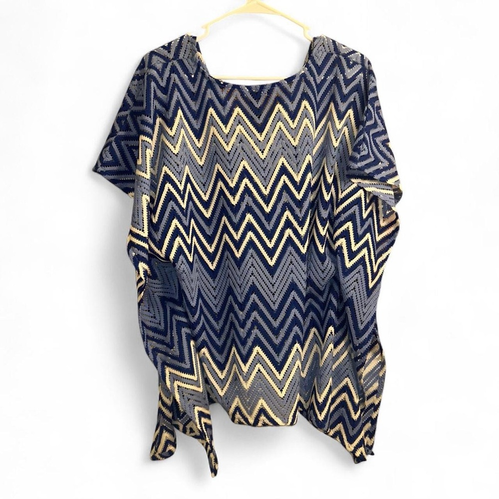 INC Blue White Tones Chevron See-Through Stripes Poncho w/Armholes L/XL - Picture 2 of 7